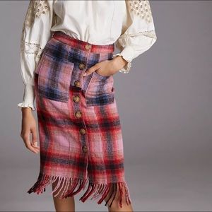 Anthropologie Pink Plaid Button-Front Fringe Skirt